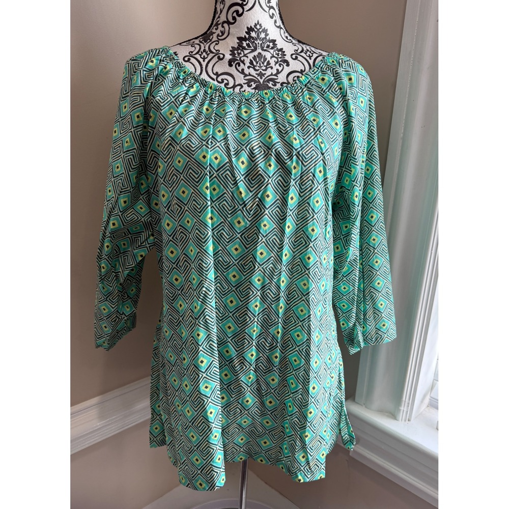 Haley & The Hound Womens XL Tunic Top Teal Green Geometric Cotton NWT Relaxed